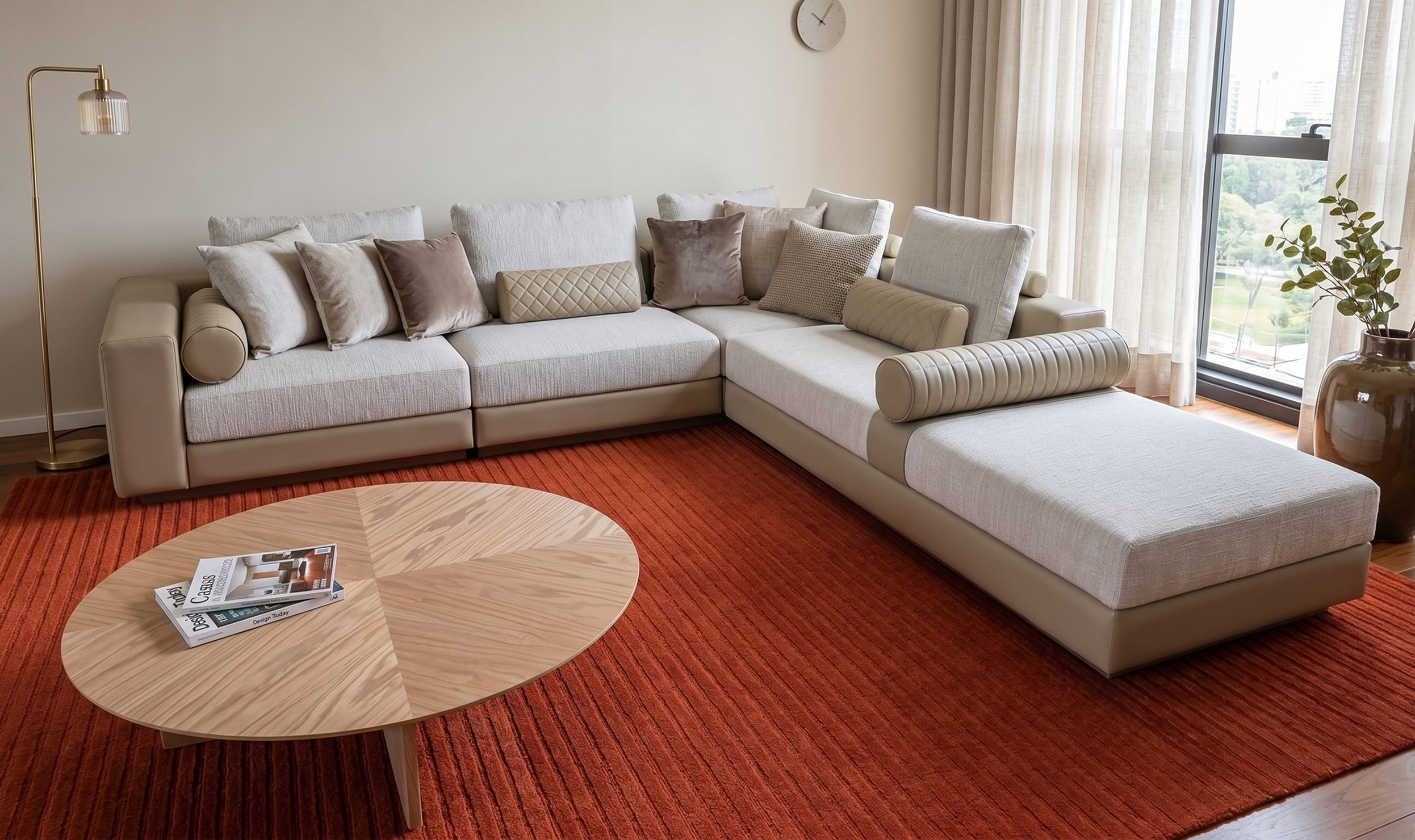 Sala com sofá bege e tapete vermelho